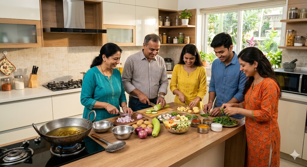 a Bright Modern indian kitchen with 3 indian women and 2 indian men, cutting veggies like potato, Onion, Bottle Gourd, Chillies. Oil in a Kadhai or pan on the stove ready to fry. All getting ready to fry pakora's